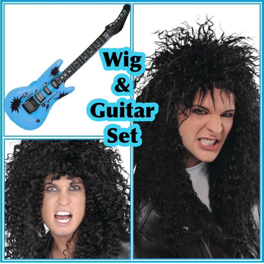 Hard Rocker Wig 80's Rock Star With Inflatable Guitar Accessory
